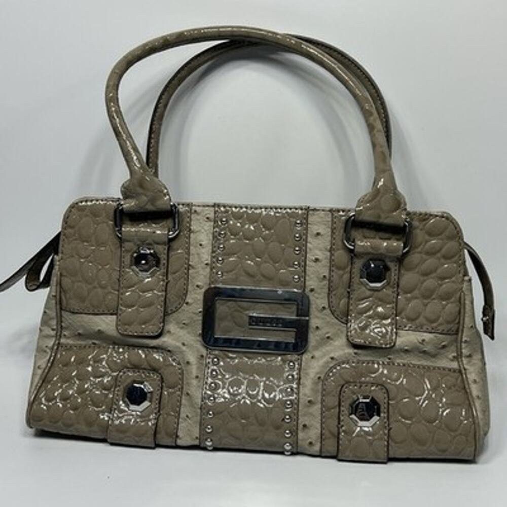 Rare Guess Y2K Gray Beige Faux Ostrich Croc Large Logo Shoulder Bag Purse 14"